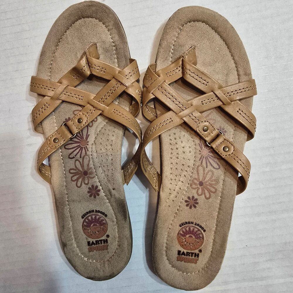 Earth Spirit Tan Braided Slide Sandals with Floral Footbed